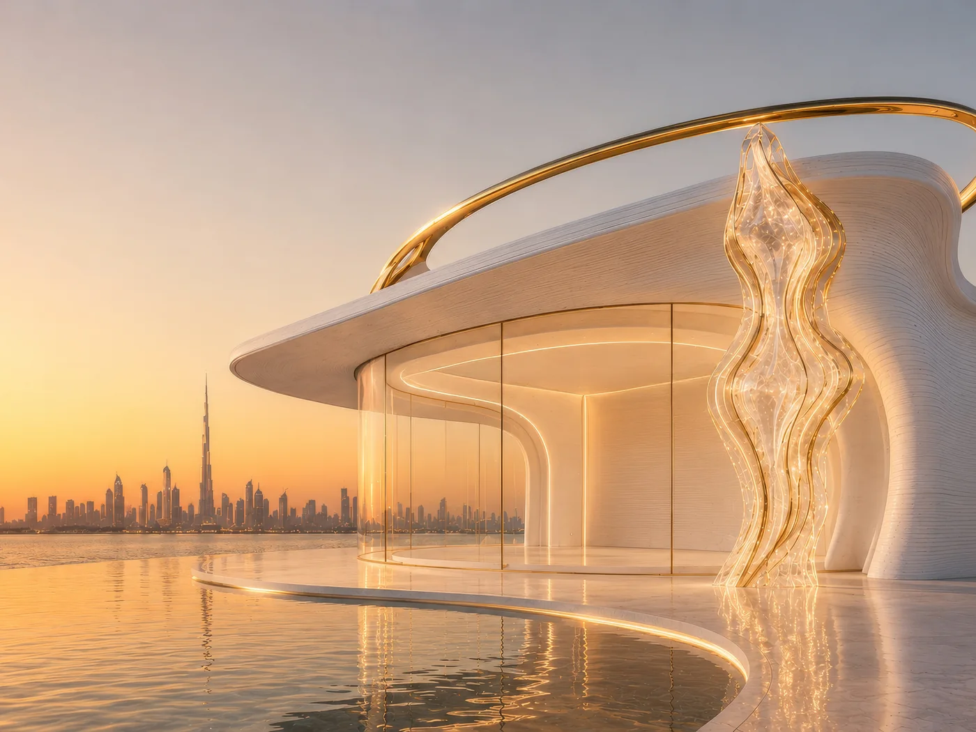3D-printed seaside pavilion with gold light sculpture, day, Dubai skyline