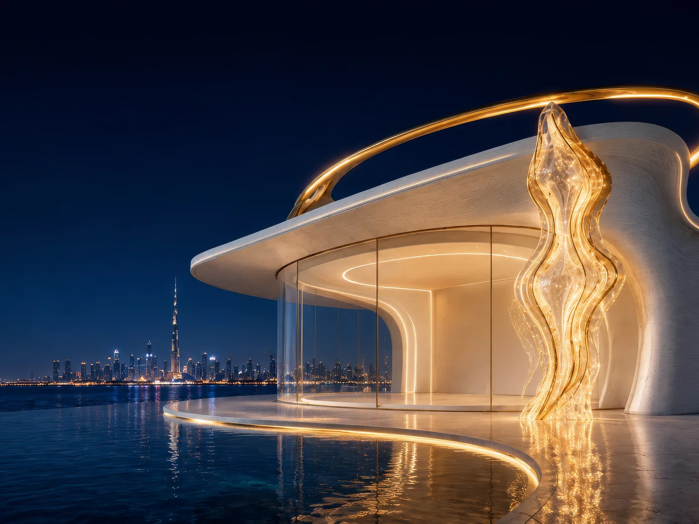 Same pavilion at night, gold light glowing