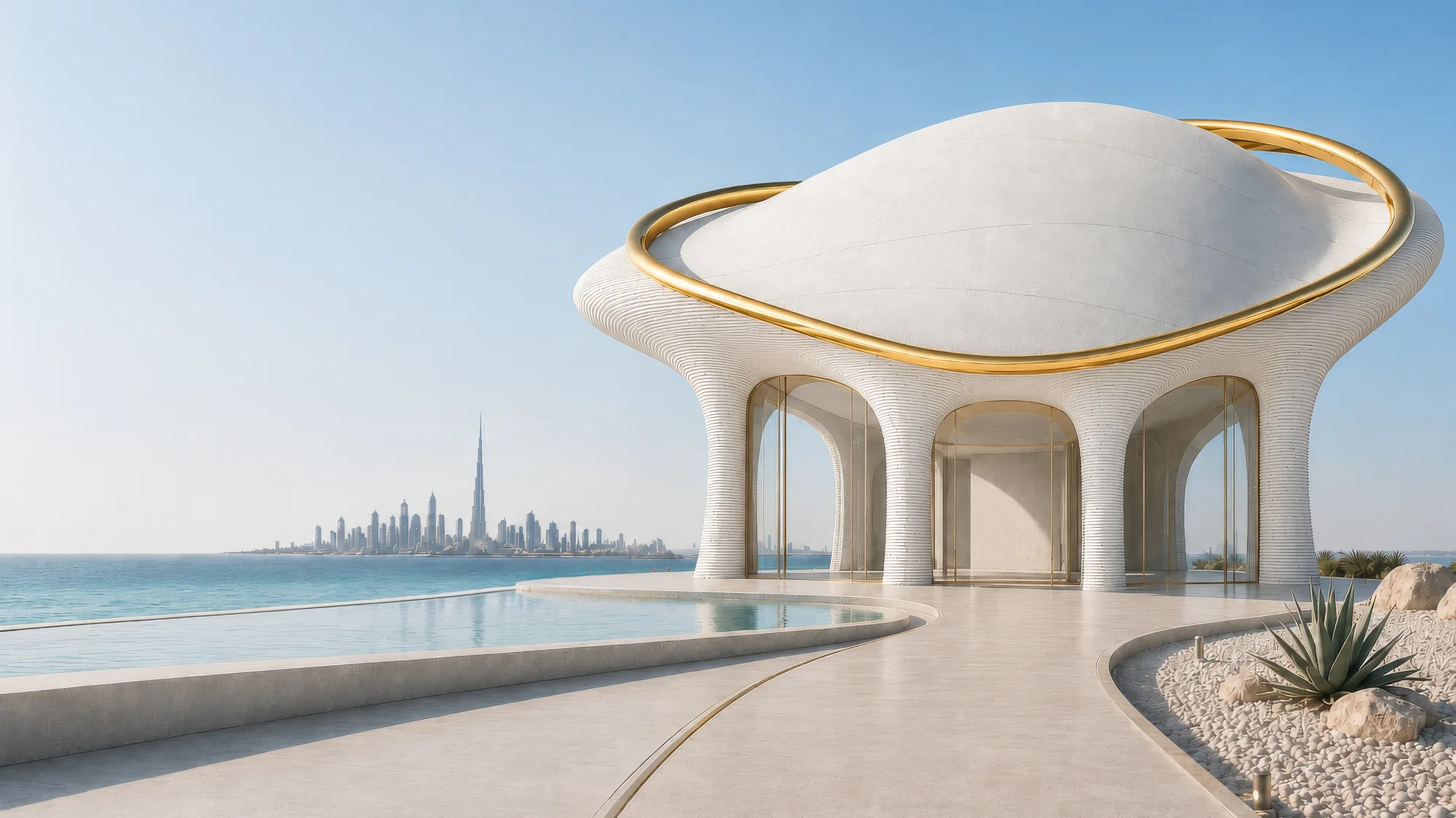3D-printed ring house with gold crown, full view