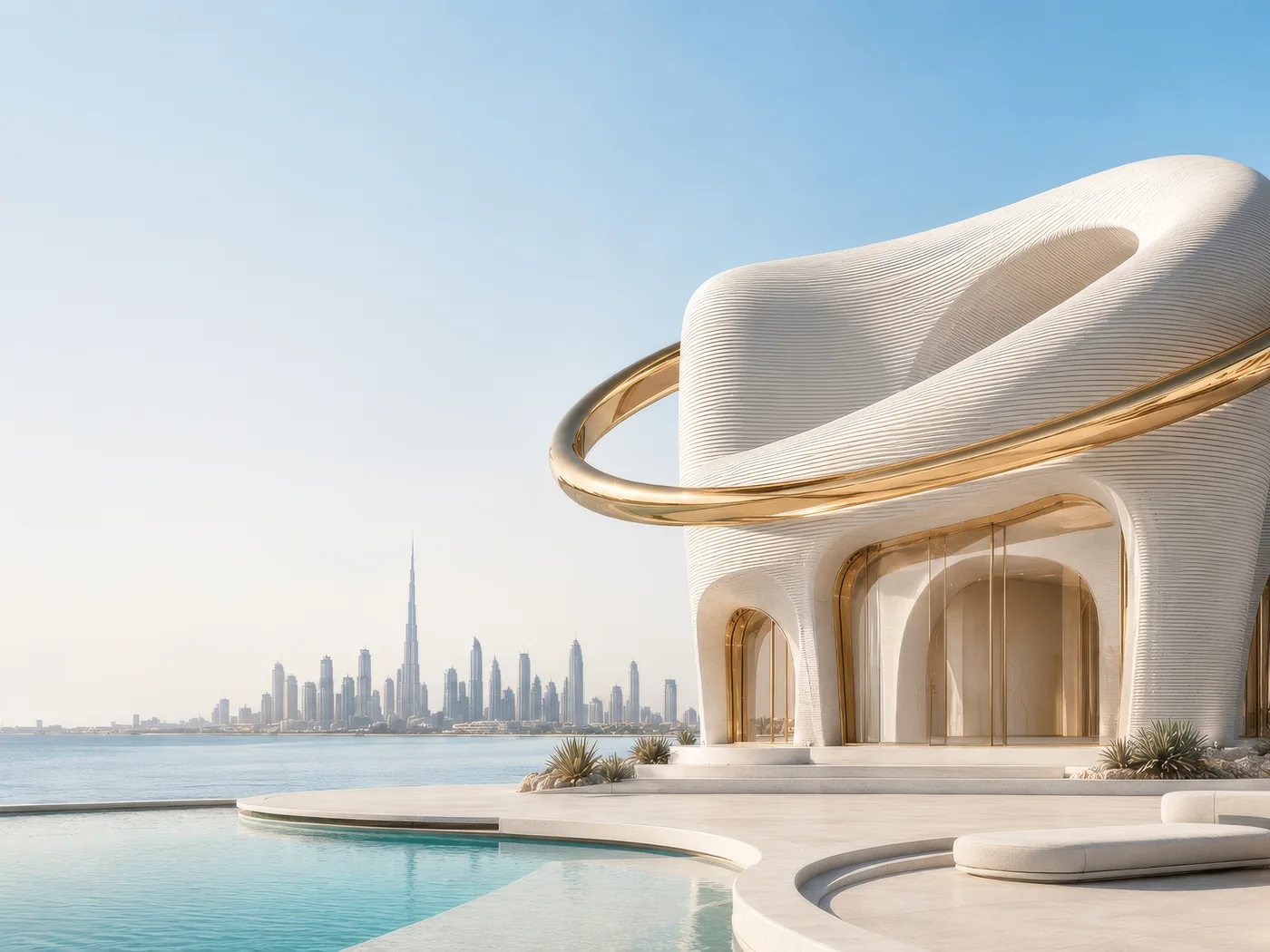 3D-printed house with gold ring, poolside