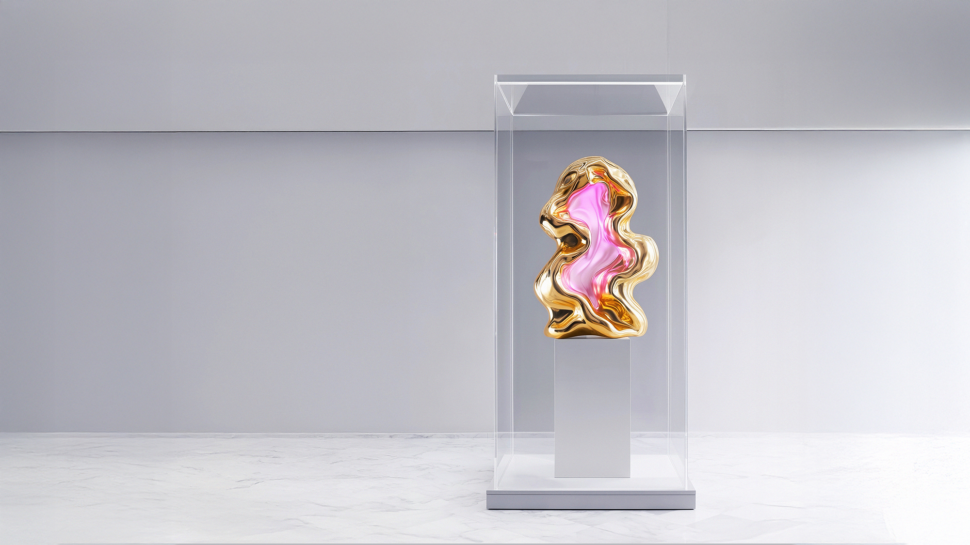 Gold sculptural object in plexiglass case, interior