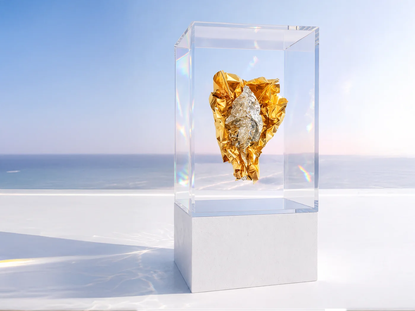 Gold foil original suspended in plexiglass case by the sea