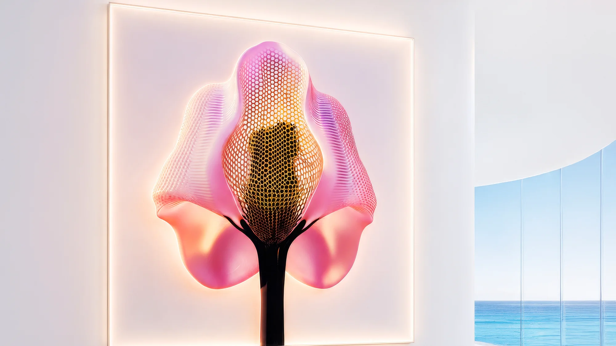 Light Code illuminated print panel in an interior overlooking the sea