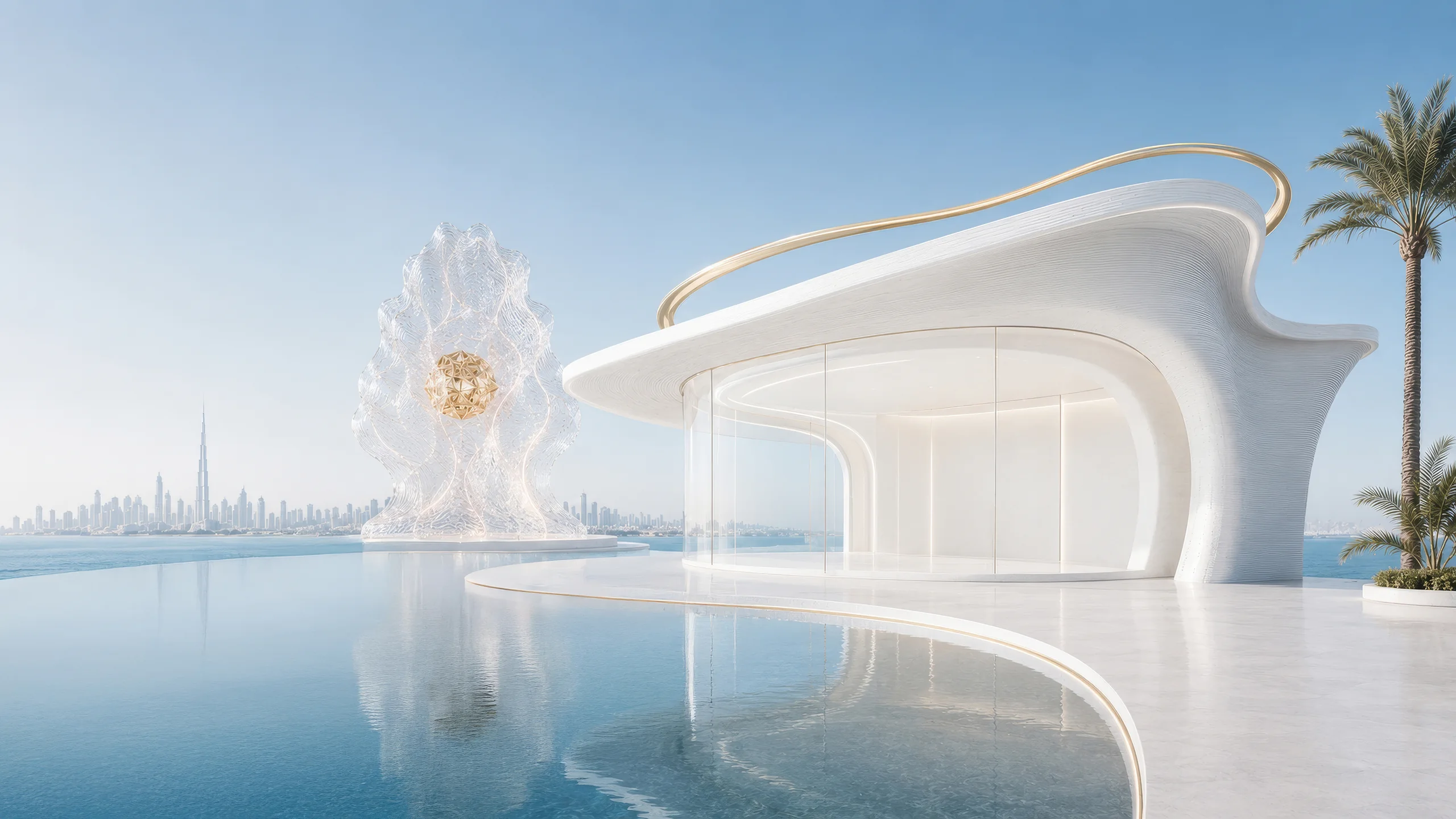 Light Code concept — 3D-printed villa with gold sculptural element, Dubai skyline