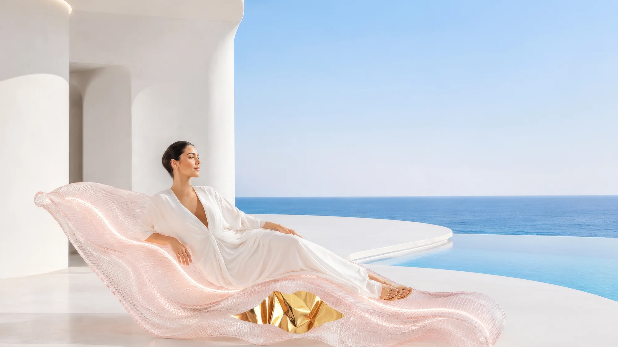 Sculptural lounge chair with gold core, terrace by the sea