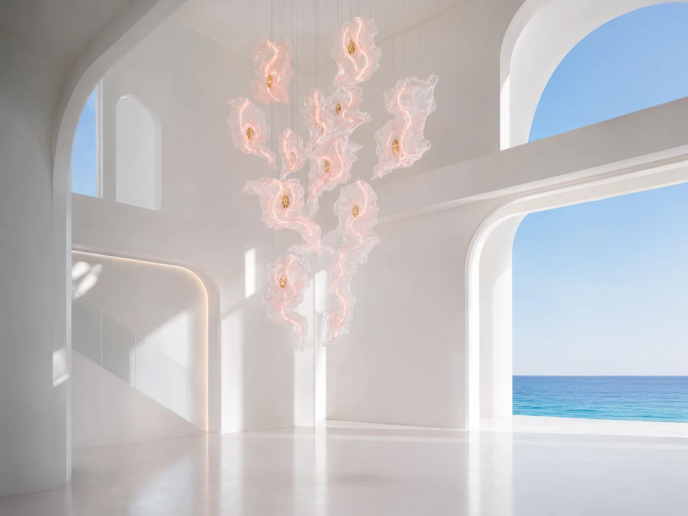 Cascading light sculpture chandelier in a white hall