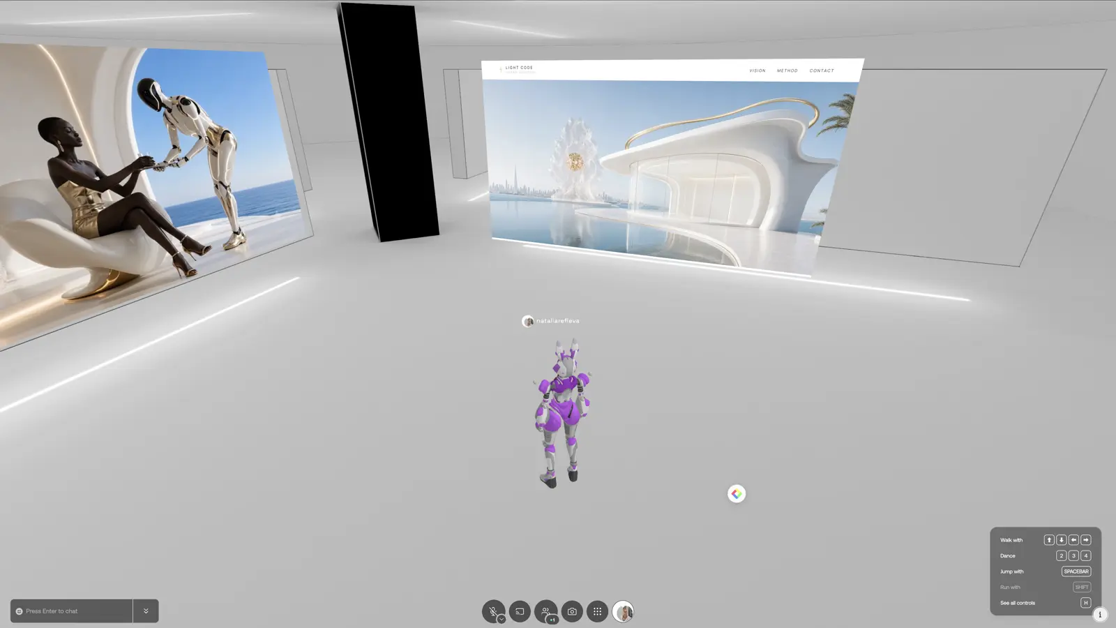 A digital museum room in OnCyber showing Light Code objects