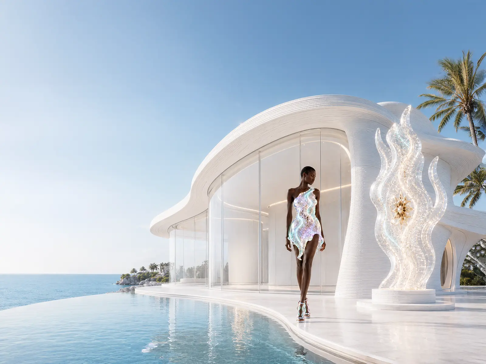 Illuminated dress and light sculpture beside a Light Code architectural pavilion